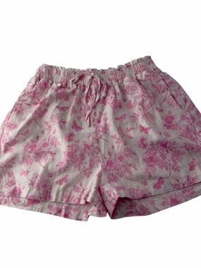 Francesca's Collections Pink Floral High Waist Drawstring Linen-Blend Shorts Med